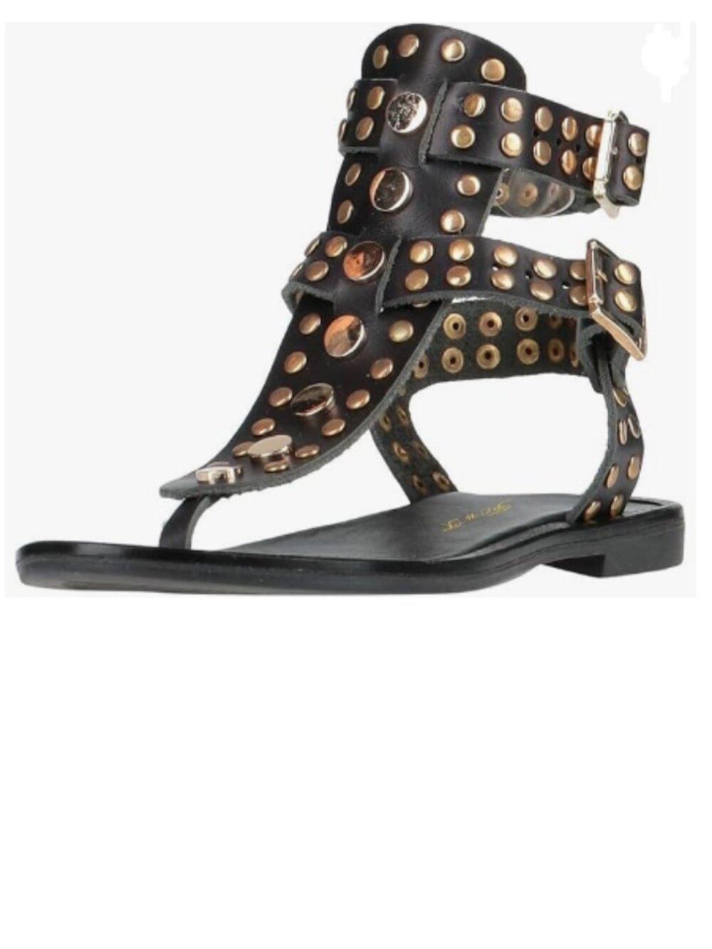 FOWT Black Round Split Toe Rivet Studded Flat Gladiators Ankle Strap Sandals